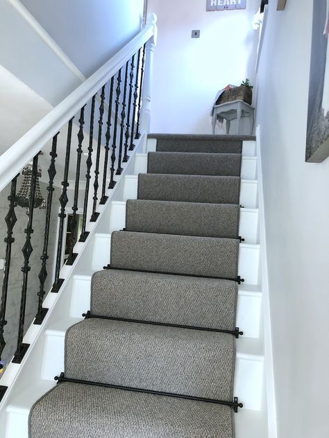 My new staircase! Grey runner carpet, black stair rods, gothic inspired spindles. Painted in Farrow and Ball All White White Stairs Dark Runner, Black Stair Rods Carpet Runner, White Stairs Grey Runner, Black Stair Rods, Staircase Rods, Stair Rods Carpet Runner, 1930s Staircase, Black Spindles Staircase, Statement Stairs