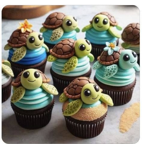 Ocean Birthday Cupcakes, Sea Turtle Cake Birthdays, Sea Turtle Cakes, Turtle Cake Ideas, Sea Turtle Cake, Turtle Cupcakes, Specialty Cupcakes, Homemade Cookbook, Turtle Cake