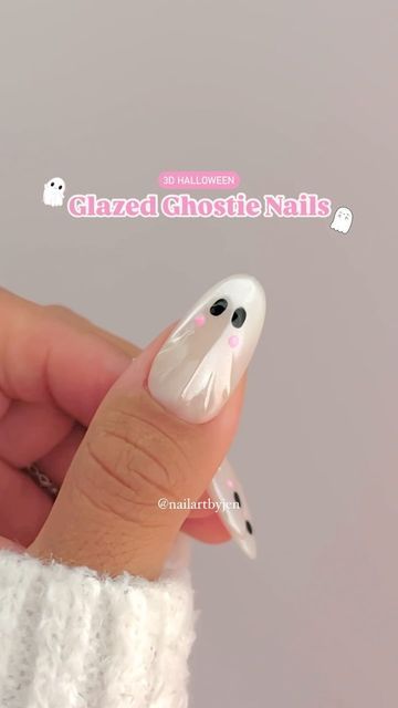 Ghost Face Rhinestone Nails, Black Chrome Nails Halloween, Milky White Nails Halloween, Halloween Nail Designs Black And White, Black Nails With White Ghost, 3d Ghost Nails, Halloween Nails Rhinestones, Ghost Chrome Nails, Glazed Ghost Nails