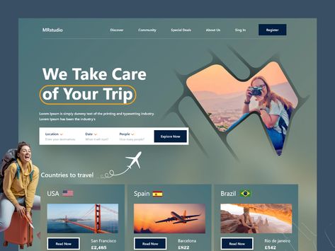 Travel Agency Website by Masud Rana on Dribbble Web Header, Travel Agency Website, Catalog Design Layout, Travel Website Design, Agency Website Design, Best Landing Pages, Good Advertisements, Travel Poster Design, Header Design