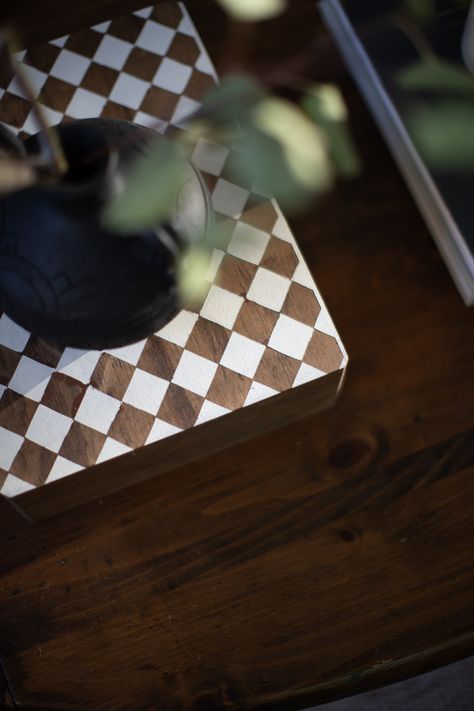 Checkerboard Decor, Recipe Box Makeover, Diy Checkerboard, Fake Books Decor, Blog Post Design, Welcome Design, Pretty Kitchen, Wood Book, White Acrylic Paint