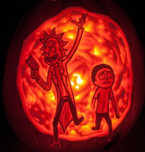 Rick and Morty pumpkin Rick And Morty Pumpkin Carving, Rick And Morty Pumpkin, Unique Pumpkin Carving Ideas, Halloween Pumpkin Stencils, Pumpkin Outline, Cute Pumpkin Carving, Pumpkin Carving Contest, Amazing Pumpkin Carving, Easy Pumpkin Carving