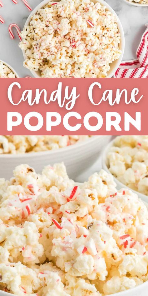 Candy Cane Popcorn Recipe - christmasonadime.com Peppermint Popcorn Recipe, White Chocolate Peppermint Popcorn, Candy Cane Popcorn, Candy Cane Pie, Easy Holiday Snacks, Canes Food, Flavored Popcorn Recipes, Peppermint Popcorn, Candy Cane Dessert