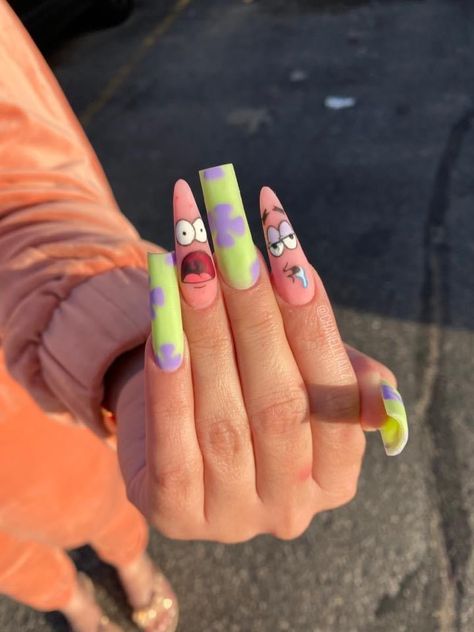 Spongebob Nails, Crazy Nail Art, Retro Nails, Crazy Nails, Unique Acrylic Nails, Fire Nails, Pretty Acrylic Nails, Dope Nails, Creative Nails