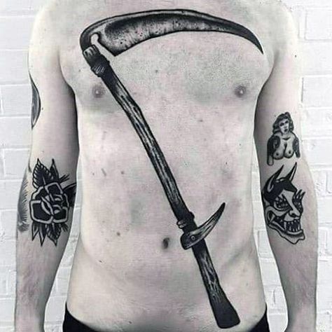 Scythe Tattoo Design, Sickle Tattoo, Scythe Tattoo, Tattoo Fairy, Fire Tattoo, Chest Piece Tattoos, Metal Tattoo, Tattoo Traditional, Music Tattoos