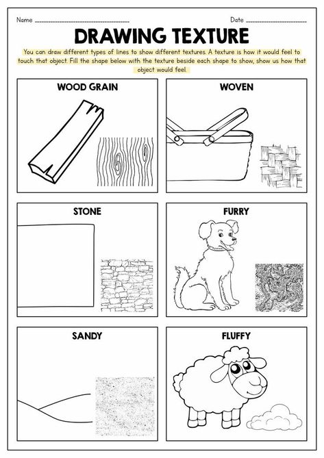 Echo Drawing Worksheet, Visual Texture Drawing Ideas, Art Exercises Drawing Lessons, How To Draw Texture, Art Worksheets For Kids, Texture Worksheet, Texture Drawing Ideas, Finish The Drawing Worksheets, Drawing Forms