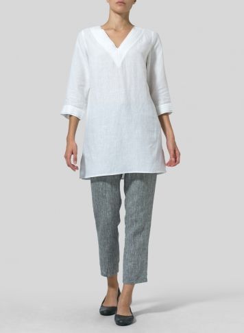 White Linen Long Sleeve A-Line Tunic Minimal Kurti, White Kurti, Miss Me Outfits, Linen Outfits, Vivid Linen, Mandarin Collar Dress, Outfit Primavera, White Linen Dresses, Kurta Designs Women