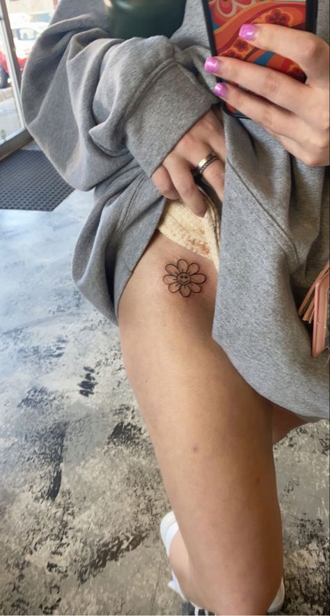 Hippy Flower Tattoo, Oopsie Daisy Tattoo, Happy Face Flower Tattoo, Smiley Daisy Tattoo, Daisy Doodle Tattoo, Smiling Flower Tattoo, Daisy Leg Tattoo, Silly Flower Tattoo, Smiley Face Flower Tattoo