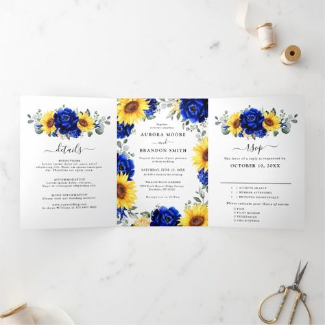 Royal Blue Rustic Sunflower Modern Floral Wedding Tri-Fold Announcement Mustard Wedding Theme, Blue Sunflower Wedding, Mustard Wedding, Modern Floral Wedding, Sunflower Wedding Decorations, Blue Sunflower, Autumn Invitations, Sunflower Wedding Invitations, Blue Peonies