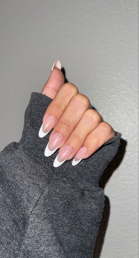 White Curved French Tip Nails, Curve French Tip Nails, Short Curved French Tip Nails, White French Tip Nails Almond Medium, Curved French Tip Nails, Medium Length Almond Nails, White French Tips Medium Length, Medium Length French Tip Nails, Rounded Nails Long