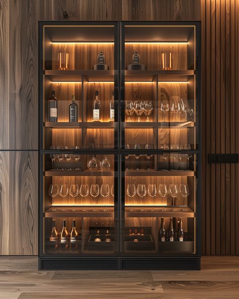 Wine Storage Wall, Wine Room Design, Glass Wine Cellar, Crockery Design, Home Bar Areas, Liquor Glass, Wine Closet, Home Bar Rooms, Crockery Unit