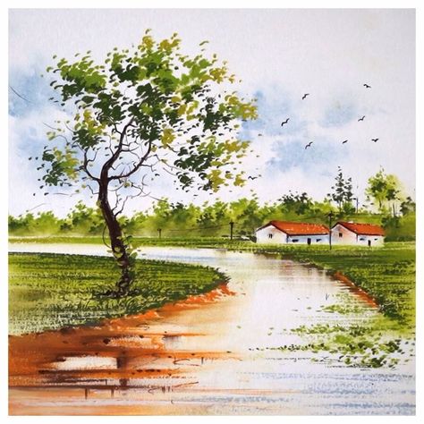 Simple village scenery oil pastel drawing | house, oil pastel, tree, river, village | Draw a beautiful village scenery with trees, houses and river using oil pastels | By Morning Drizzle - Facebook Village Watercolor, Village Scenery, Village Painting, Village Scenery Drawing, Scenery Drawing, Beautiful Scenery Drawing With Oil Pastels, Village Scene Watercolor, Village Scenery Drawing With Oil Pastel, Village Scene Drawing Water Colour Easy