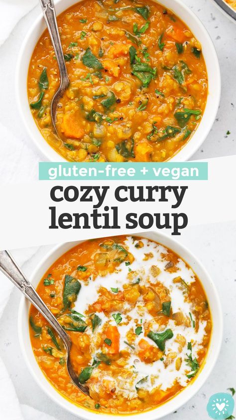 Cozy Curry Lentil Soup - This easy lentil soup recipe is perfect for cold weather and cozy days in. (Vegan, Gluten-Free) // Vegan Lentil Soup // Healthy Lentil Soup // Healthy Soup Recipe // Healthy Lunch // Meal Prep Lunch #lentilsoup #healthysoup #healthylunch #vegan #glutenfree Lentil Meal Prep Recipes, Lentil Soup Crockpot, Lentil Curry Soup, Healthy Lentil Soup, Curry Lentil Soup, Easy Lentil Soup, Soup Recipe Healthy, Lentil Recipe, Curried Lentil Soup