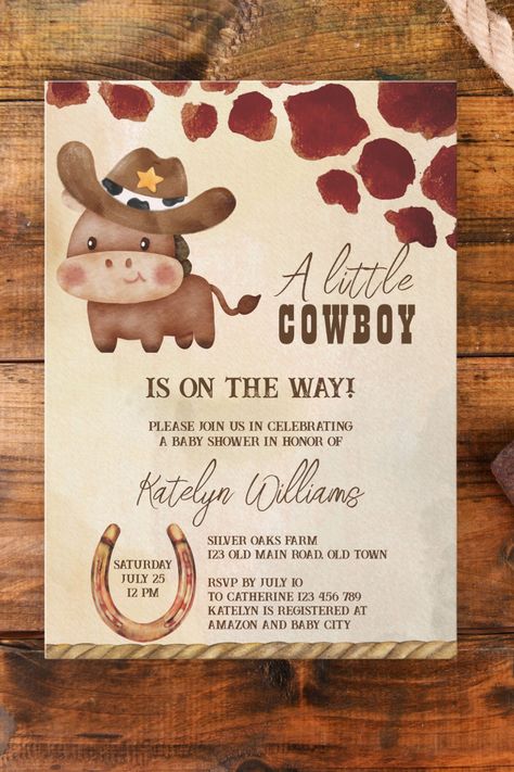 Cowboy cute baby horse western baby shower invitation template instant download Cowboy Cute, Western Baby Shower Invitations, Cowboy Baby Shower Theme, Rodeo Baby Shower, Cow Baby Shower Theme, Twin Boys Baby Shower, Rodeo Baby, Baseball Baby Shower Theme, Mexican Baby Shower