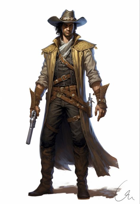 Cowboy Wizard Dnd, D&d Fighter Gunslinger, Dnd Native American, Western Bounty Hunter Concept Art, Black Cowboy Character Design, Gunman Character Design, Sheriff Character Design, Arcane Gunslinger, Cowboy Dnd Character