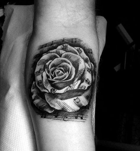 Music Rose Tattoo Design, Music Leg Tattoo, Music Flower Tattoo, Music Tattoo Ideas For Men, Music Rose Tattoo, Notes Tattoo, Music Tattoo Sleeves, Tattoo 2024, Music Notes Tattoo