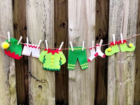 Elf Clothesline Garland with FREE Printable Patterns #creativelybeth #createwithkunin #christmascrafts #feltgarland Crochet Christmas Garland, Free Printable Patterns, Felt Products, Christmas Bunting, Elf Clothes, Felt Garland, Ornament Crafts, Dollar Store Crafts, Printable Patterns