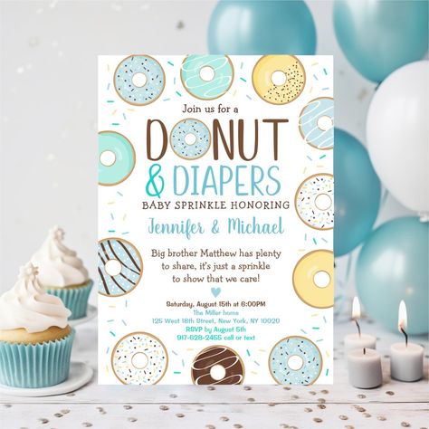 This sweet baby sprinkle invitation features our hand drawn donuts in pastel colors with sprinkle confetti. Baby Sprinkle Decorations Boy, Brunch Sprinkle Baby Shower Ideas, Baby Sprinkle Donut Theme, Twin Baby Sprinkle Ideas, Sprinkle For Baby Boy, Baby Boy Sprinkle Invitations, Gender Neutral Sprinkle Ideas, Baby Boy Sprinkle Decorations, Baby Sprinkle Ideas Gender Neutral