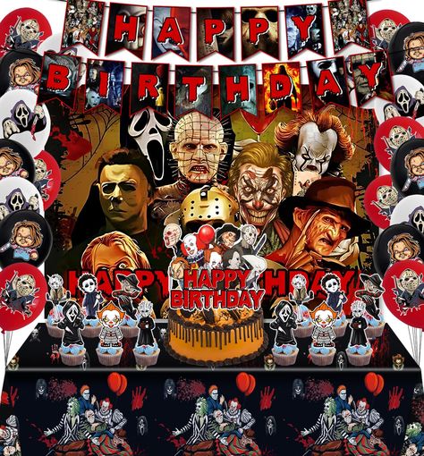 PRICES MAY VARY. Horror Birthday Decorations: Do you want a horror themed halloween birthday party? Just like celebrating your birthday with classic horror characters. This party decoration is specifically designed for horror fans. If you are a horror theme fanatic, this horror birthday party decoration will definitely meet your needs. Package Includes: You will Get 34Pcs horror birthday decorations set of happy birthday banner, 1Pcs 108×54Inch horror tablacloth, 18pcs 12" latex balloons, 1pcs h Happy Birthday Horror, Horror Birthday Party, Horror Birthday, Adults Party Theme, Halloween Theme Party, Halloween Themes Decorations, Balloons Cake, October Crafts, Halloween Supplies