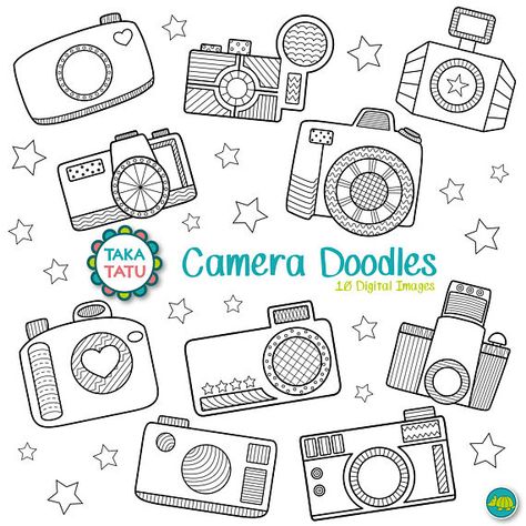 Camera Doodles Digital Stamp Pack - Black and White Clipart / Photography Clip Art / Vintage Camera Camera Doodle, Doodles Digital, Camera Clip Art, Black And White Clipart, Doodle Frames, Doodle Art Journals, Drawing Frames, Bullet Journal Themes, Black And White Frames