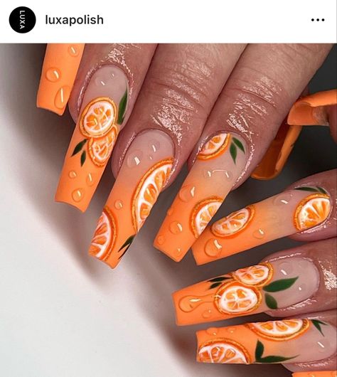 Orange Blossom Nails, Oranges And Lemons Nails, Citrus Nail Art, Citrus Nail Designs, French Nails With Fruits, Orange Theme Nails, Orange Fruit Nail Art, Orange Slice Nails, Orange Nails Fruit