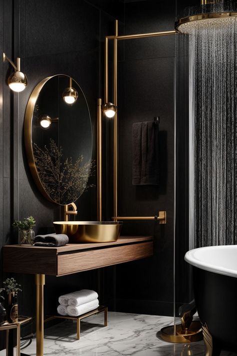 Elevate your bathroom experience! Transform it into a stylish sanctuary, where dark accents meet a statement-making black and gold shower fixture, blending luxury with modern design. #StylishBathroom #LuxuryFixtures #GoldAccents #BathroomMakeover #ModernDesign Grey And Gold Bathroom Ideas, White And Gold Bathroom Ideas, Black White And Gold Bathroom, Brown And Gold Bathroom, Gold Bathroom Ideas, Gold Shower Fixtures, Black Gold Bathroom, White And Gold Bathroom, Gold Bathroom Fixtures