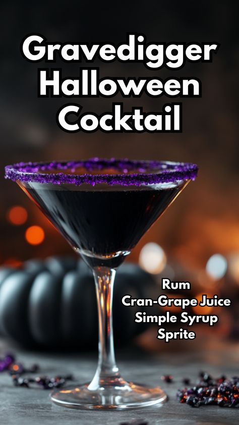 The Gravedigger Halloween Cocktail is a spooky and delicious drink that combines the bold flavors of rum with the fruity blend of Cran-Grape juice. Topped with Sprite for a refreshing fizz and enhanced with a touch of black food coloring, this eerie cocktail is perfect for Halloween celebrations. The purple sugar rim adds a festive and striking visual touch, making it a must-try for your next spooky gathering.  #gravediggerhalloweencocktail #halloweencocktails via @mybartender Halloween Food Dinner, Halloween Cocktail, Twisted Recipes, Witch's Brew, Halloween Cocktails, Diy Halloween Projects, The Chew, Large Crowd, Shot Recipes