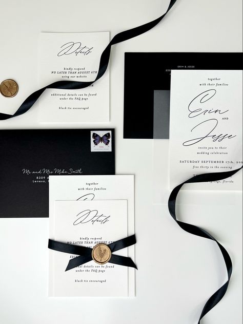 Modern Letterpress Wedding Invitations with Gold Wax Seals, Black Envelopes Elegant Black Wedding Invitations, Wedd Invitations, Black White And Gold Invitations, Black White And Gold Wedding Invitations, Wedding Invitations With Wax Seal, Black Wedding Envelopes Invitation Ideas, Black White Gold Wedding Invitations, Black White Green Gold Wedding Invitations, Black Envelope Wedding Invitation