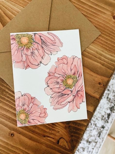 This cute card with floral illustration will be perfect to give to your loved ones on their Birthday or any other event.  Each card is printed on a textured linen cardstock and their size is 4.25x5.5 inches. Cards come with an envelope option. The envelopes are made out of a recycled paper and have Kraft rustic look.  Colors may vary slightly due to differences in monitor calibration. Birthday Cards Floral, Thank You Card, Watercolor Flower Card, Pink Birthday Card, Watercolor Birthday Card, Birthday Month Flowers, Birthday Watercolor, Thank You Greeting Cards, Flowers Cards