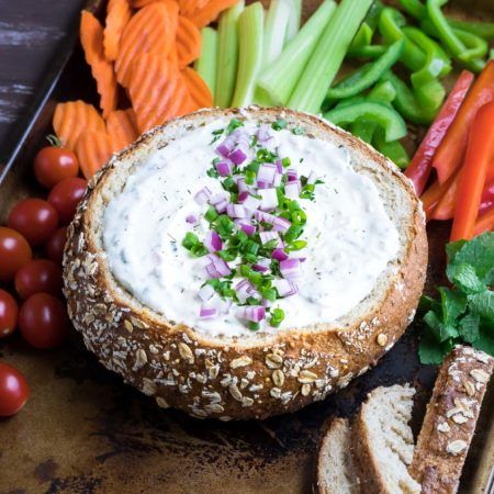 This party-perfect Chilled Veggie Dip is served in a bread bowl with crunchy veggies for a tasty snack that will have your guests coming back for more! Dip In Bread Bowl, Bread Bowl Dip, Veggie Dip Recipe, Vegetarian Dip, Boil Recipes, Veggie Options, Cold Dip Recipes, Bread Bowl Recipe, Crunchy Veggies