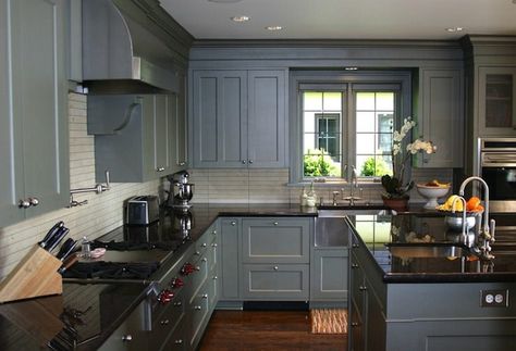 Gray Cabinets Black Countertops, Blue Gray Kitchen Cabinets, Grey Painted Kitchen, Light Grey Kitchen Cabinets, Gray Kitchen Cabinets, Grey Blue Kitchen, Curtains Uk, Light Grey Kitchens, Light Gray Cabinets