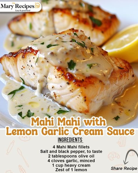 Mahi Mahi With Potatoes, Mahi Mahi With Lemon Garlic Cream Sauce, Lemon Garlic Cream Sauce, Fish Batter, Mahi Mahi Recipes, Fish Batter Recipe, Lemon Garlic Sauce, Garlic Cream Sauce, Batter Recipe