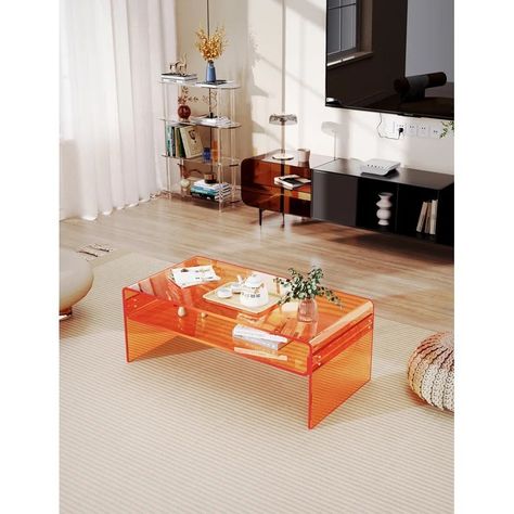 Plexi Glass Coffee Table, Colored Glass Coffee Table, 70s Funky Interior Design, Plexiglass Coffee Table, Orange Couch Living Room, Bedroom Accent Table, Acrylic Furniture Design, Bauhaus Coffee Table, Orange Coffee Table