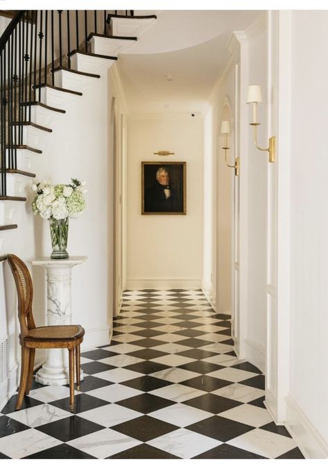 Amy Havins House, Large Foyer Ideas, Amy Havins, Entry Staircase, House Foyer, Foyer Ideas Entryway, Foyer Stairs, Checkered Floor, Entryway Tile