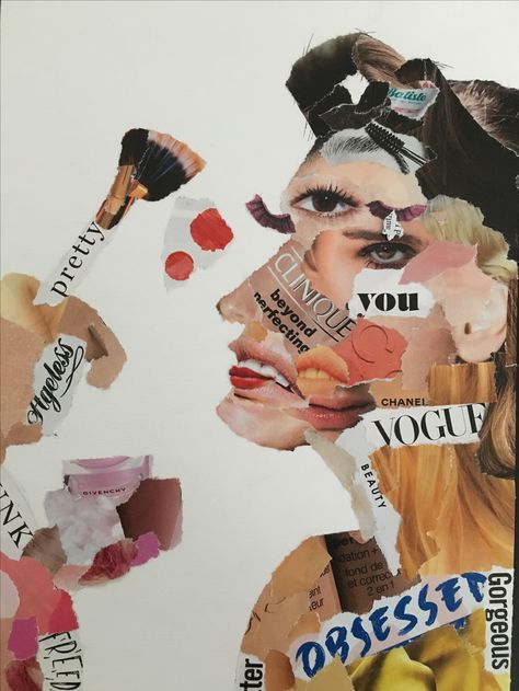 Beauty Standards Illustration Art, Art With Makeup On Paper, Magazine Face Collage, Collage Of Faces, Beauty Standards Painting, Ap Art Collage, Makeup Moodboard Collage, Toxic Beauty Standards Illustration, Eurocentric Beauty Standards