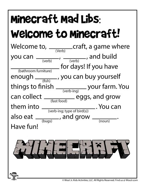 Minecraft Mad Lib Printable Games for Kids | Woo! Jr. Kids Activities Minecraft Homeschool, Mad Libs For Kids, Minecraft Party Activities, Minecraft Classroom, Minecraft Activities, Minecraft School, Game Activities, Minecraft Printables, Minecraft Theme