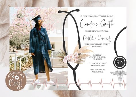 "Welcome to NiceStudioForYou! Editable Nursing Graduation Invitation With Photo Registered Nurse Boho Floral Black & White Grad Announcement Delicate Pastel Flowers. Watercolour.  Purchase, edit, and print within minutes! You do the editing online using phone, tablet or computer! No software needed! Simple, easy to use platform - Text colour and size can be changed. Try before you buy! Copy and paste this URL into your browser and see how easy it is: https://www.corjl.com/d/166J6O The size invit Nursing School Invitations, Nurse Grad Parties, Nurse Graduation Party Decorations, Nurse Party, Using Phone, Pinning Ceremony, Grad Announcements, Invitation With Photo, Nursing School Graduation