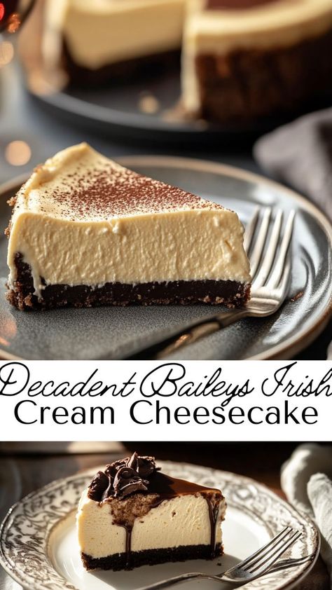 Experience the creamy richness of Baileys Irish Cream Cheesecake, with a perfect balance of sweetness and smoothness. A delightful dessert that’s easy to make and absolutely irresistible! Brandy Alexander Cheesecake, Baileys Irish Cream Pie, Baileys Cheesecake Recipes, Irish Cheesecake, Bourbon Cheesecake, Baileys Irish Cream Frosting, Cheesecake Recipes Easy, Roll Desserts, Irish Cream Cheesecake