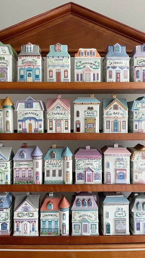 Village Spice Jars, Spice House Jars, Lenox Spice Jars, Pottery Spice Jars, The Lenox Spice Village, House Spice Jars, Lenox Spice Village Set, Spice Village Set, Cute Spice Jars