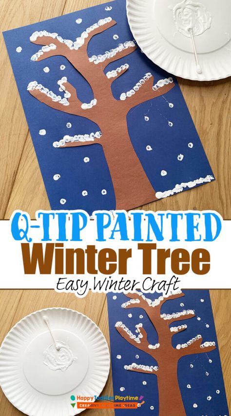 Q-Tip Painted Winter Tree Craft - Happy Toddler Playtime Winter Tree Craft Preschool, Qtip Painting Ideas, Winter Tree Craft, Winter Tree Crafts, January Ideas, Easy Winter Crafts, Q Tip Painting, December Crafts, Snowy Scene