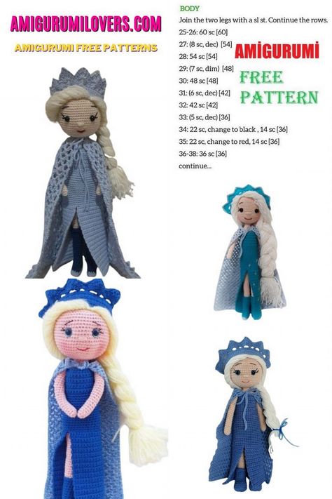 Amigurumi Disney Frozen Princess Elsa Free Crochet Pattern – Amigurumilovers.com Crochet Bat, Crochet Princess, Doll Patterns Free, Crochet Doll Dress, Crochet Dolls Free Patterns, Frozen Princess, Crochet Amigurumi Free, Free Amigurumi Patterns, Princess Elsa