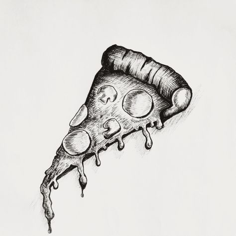 Pizza Pencil Drawing, Pizza Sketch Drawing, Pizza Slice Tattoo, Pizza Slice Drawing, Pizza Sketch, School Sketchbook, Inktober Ideas, Pizza Tattoo, Pizza Drawing