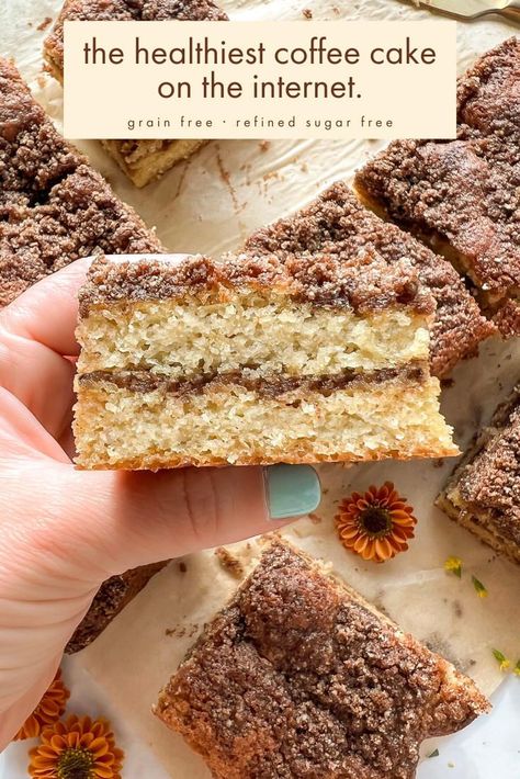 Buttery, moist, cinnamon coffee cake swirled with a spiced-sugary filling, topped with crunchy streusel, and sprinkled with a plot twist? NO butter, NO refined sugar, and grain free. Yes, friend! This Healthy Starbucks Coffee Cake recipe is made with good for you, natural ingredients like almond flour, greek yogurt, avocado oil, eggs, and cozy natural sweeteners like cinnamon and maple syrup! #healthysnack #grainfreerecipes #starbucksrecipe #coffeecake #unusualcakes #glutenfreecake #dairyfree Almond Flour Cinnamon Coffee Cake, Paleo Cinnamon Coffee Cake, Healthy Cinnamon Coffee Cake, Grain Free Vegan Cake, Coffee Cake With Almond Flour, Clean Eating Baking Recipes, Grain Free Coffee Cake, Healthy Cinnamon Dessert Recipes, Buckwheat Coffee Cake