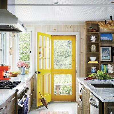 Cottage Tour, Michigan Cottage, Natural Stone Fireplaces, Yellow Door, Cottage Renovation, Cottage Style Decor, Dining Room Combo, Cottage Kitchens, Style Cottage