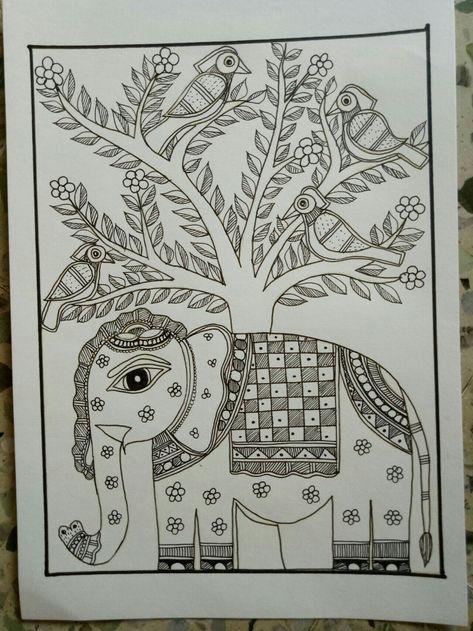 Madhubani Rangoli, Madhubani Elephant, Painting In Black And White, Madhubani Motifs, Art Ideas Easy, Worli Painting, Gond Art, Painting Mandala, Gond Painting