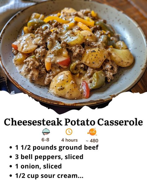 Crockpot Cheesesteak, Cheese Steak Casserole, Steak Casserole, Large Family Meals, Cheese Steak, Beef Recipes Easy, Crockpot Recipes Slow Cooker, Beef Dinner, Potato Casserole