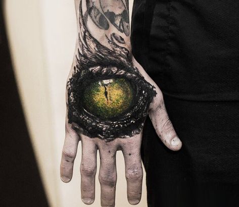 Crocodile eye tattoo by Alexey Moroz Crocodile Eye Tattoo, Eye Hand Tattoo, Back Of Hand Tattoos, Crocodile Eyes, Realistic Eye Tattoo, Crocodile Tattoo, Persian Tattoo, Elephant Tattoo Design, Biomechanical Tattoo