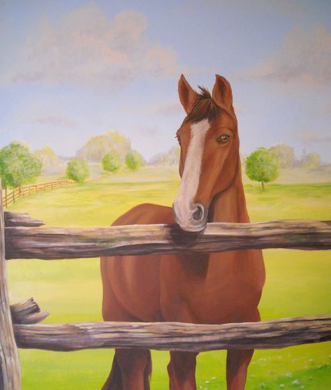 Cindy Scaife Murals - Horse Mural - detail Horse Mural Art, Country Mural Ideas, Horse Wall Mural, Girls Bedroom Mural, Kids Murals, Horse Mural, Horse Bedroom, Horse Room, Pet Party