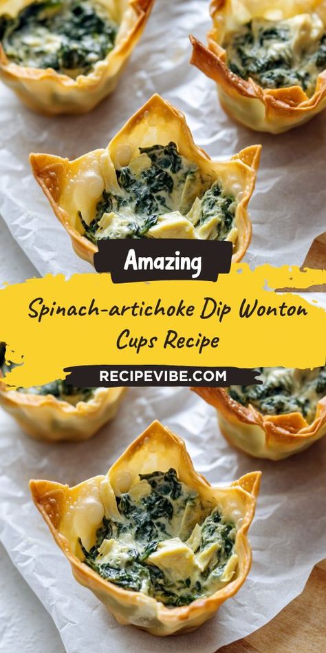 Looking for a crowd-pleasing appetizer that’s both delicious and easy to make? This Spinach-Artichoke Dip Wonton Cups Recipe is the perfect solution for your next gathering! Save this recipe for an unforgettable party treat that will have everyone coming back for more. Spinach Artichoke Wonton Cups, Finger Foods For Parties, Spinach Artichoke Dip Easy, Wonton Wrapper Recipes, Wonton Cups, Crowd Pleasing Appetizers, Wonton Wrappers, Spinach Artichoke Dip, Party Finger Foods