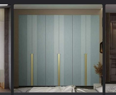 Unique Bedroom Design Indian, Wardrobe Groove Design, Fluted Laminate Wardrobe, Green Wardrobe Bedroom, Wardrobe Mica Design Modern, Bedroom Design Wardrobe, Wardrobe Laminate Design Master Bedrooms, Wooden Wardrobe Designs, Wardrobe Shutter Design